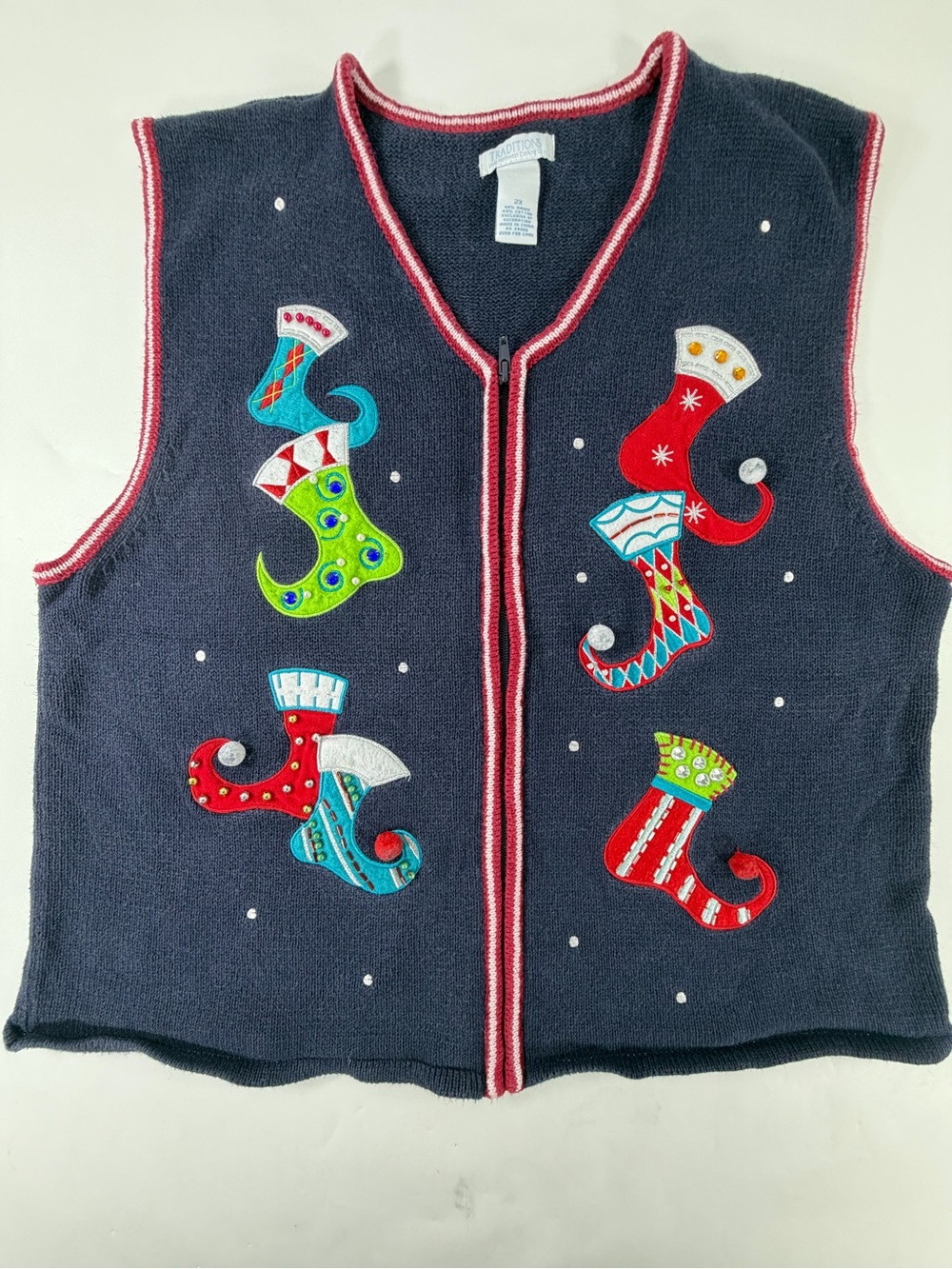 Traditions Ugly Christmas Sweater Vest Elf Stocking Beaded Zip Holiday Plus 2X